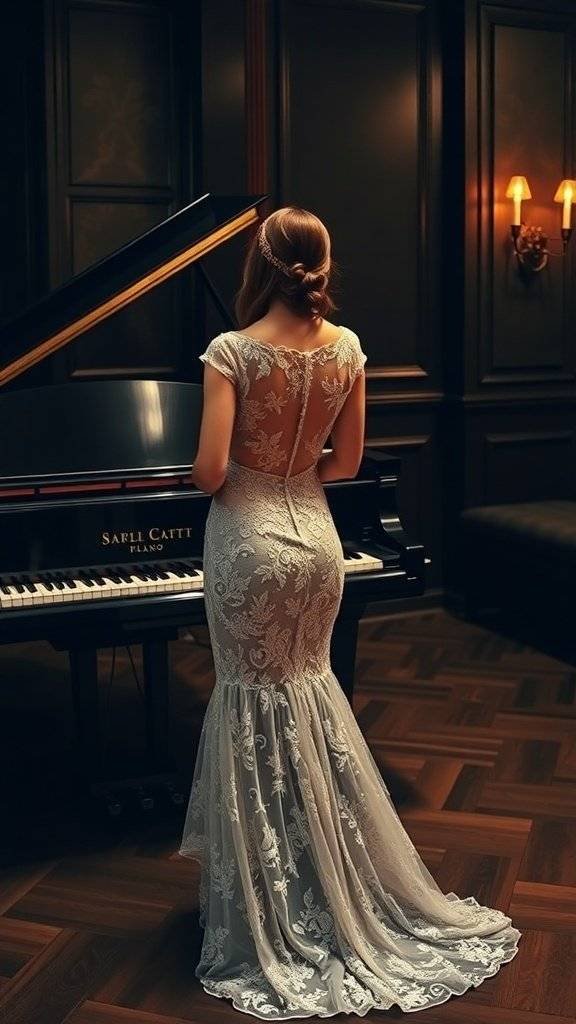 A woman wearing a dark lace mermaid dress, standing in front of a grand piano.