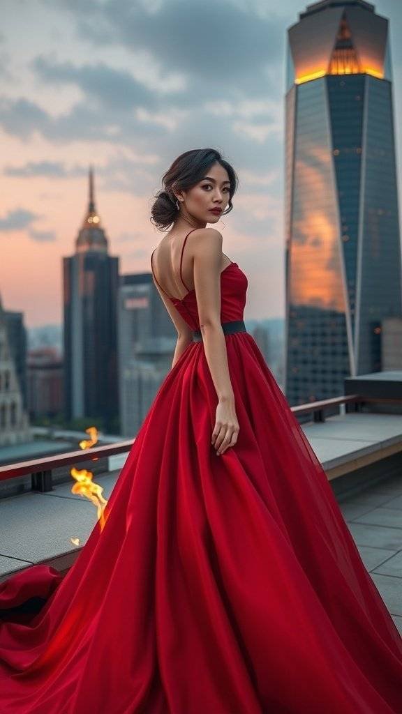 A fiery ombre dress transitioning from red to black, displayed on a mannequin against a city skyline.