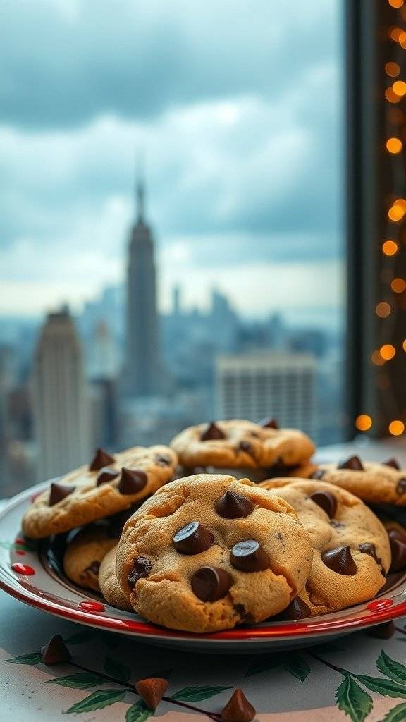 A plate of chocolate chip cookies with a city skyline in the background.