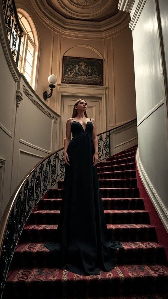 A woman in a black slip dress standing on a staircase, showcasing elegance and style.
