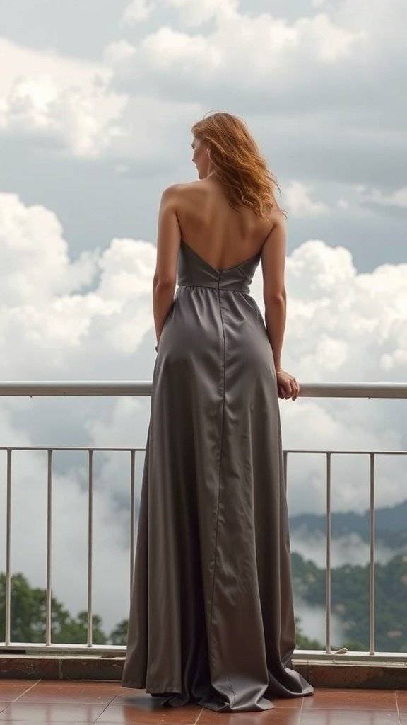 A woman wearing a stormy gray satin dress, standing with her back to the camera, overlooking a scenic view.