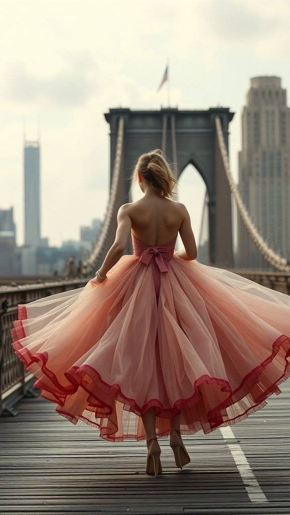 A woman in a black tulle high-low dress, twirling on a bridge with a city skyline in the background.