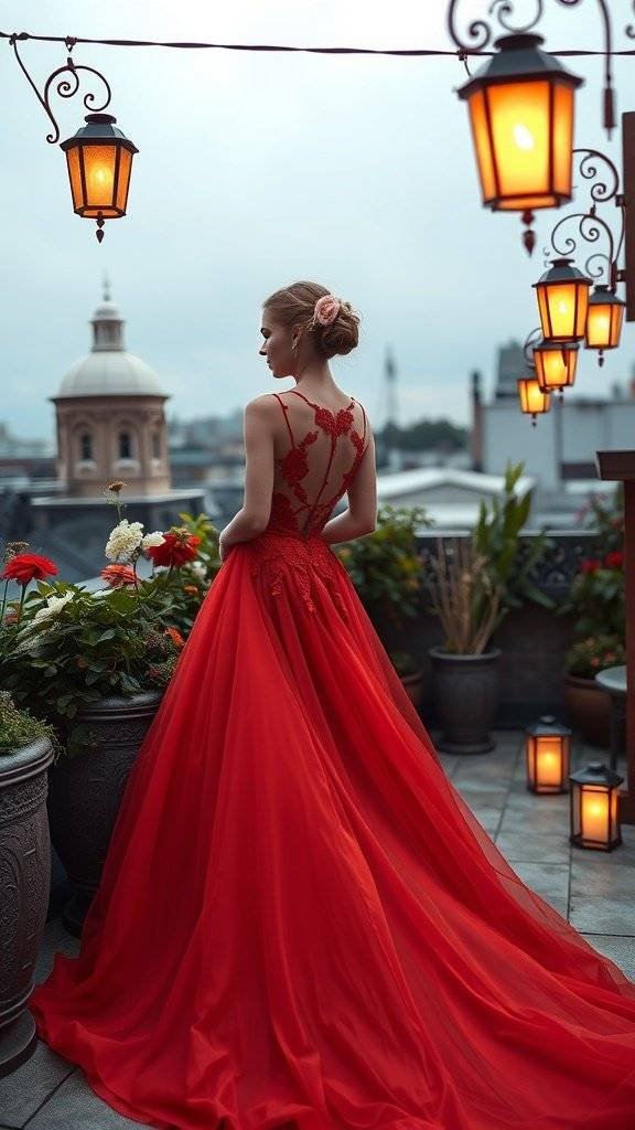 A woman in a red dress standing on a rooftop surrounded by lanterns