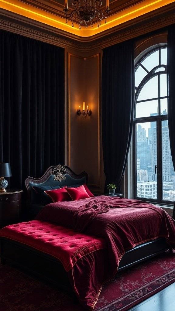 A luxurious bedroom featuring dark velvet drapes, a plush bed with red bedding, and elegant decor.