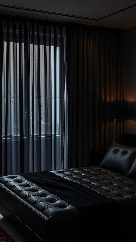 A stylish bedroom featuring sheer curtains with a dark theme, creating a cozy and glamorous atmosphere.