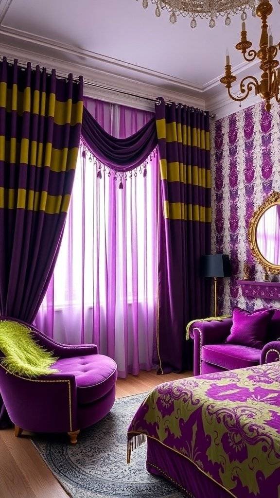 A bedroom featuring Joker chaos-inspired drapes with purple and yellow stripes, complemented by matching furniture.
