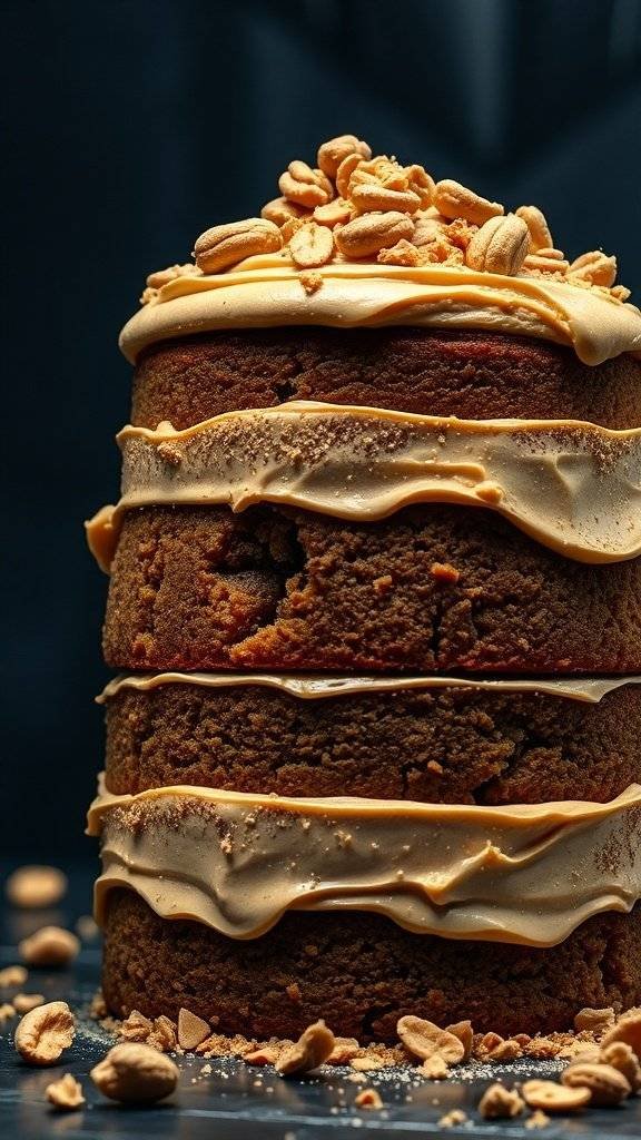 A three-layer peanut butter cake topped with frosting and chopped peanuts.