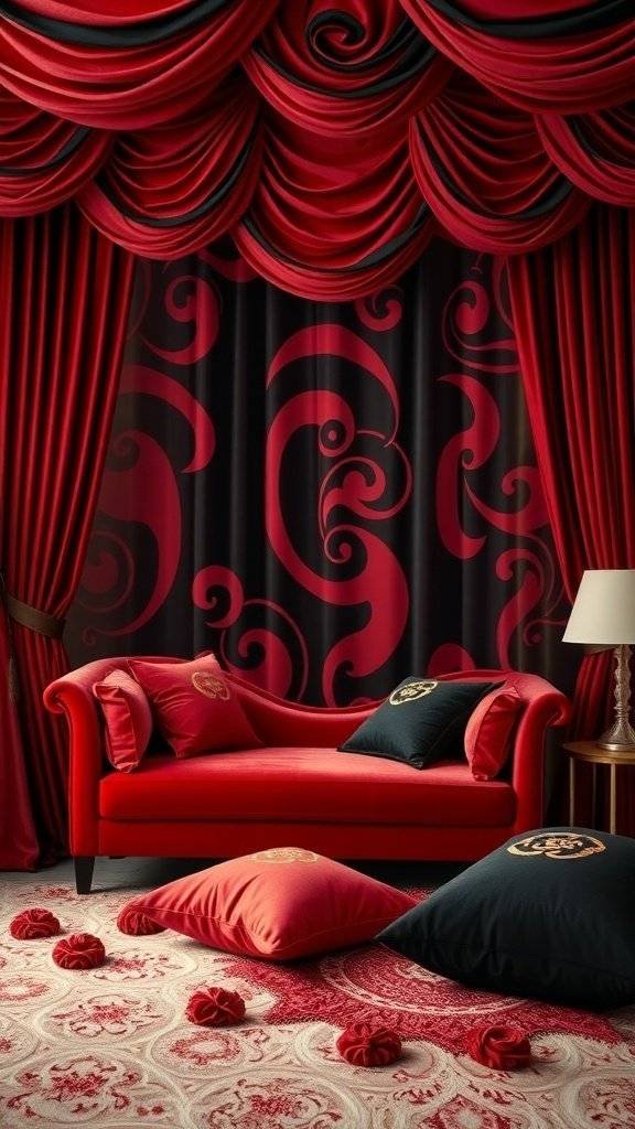 A stylish bedroom with red and black curtains featuring swirling patterns, a red couch, and decorative pillows.