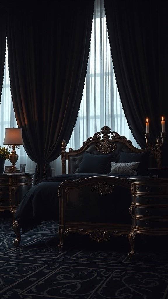 Luxurious dark drapes in a stylish bedroom setting
