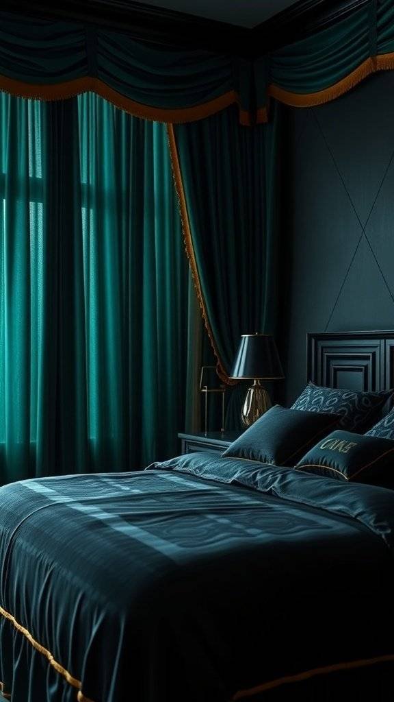 Elegant bedroom with emerald curtains and dark decor