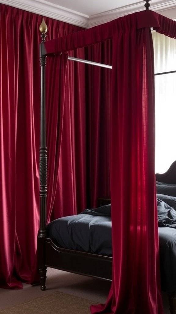 A bedroom featuring dark red silk drapes framing a four-poster bed with black bedding.