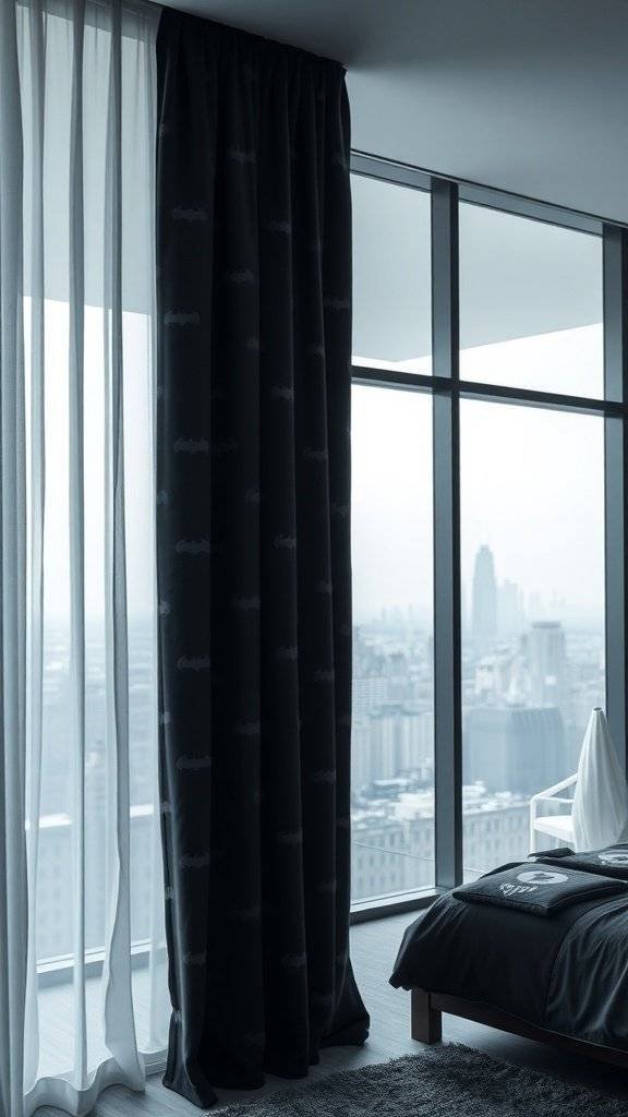 Bat-Signal embroidered curtains in a modern bedroom setting