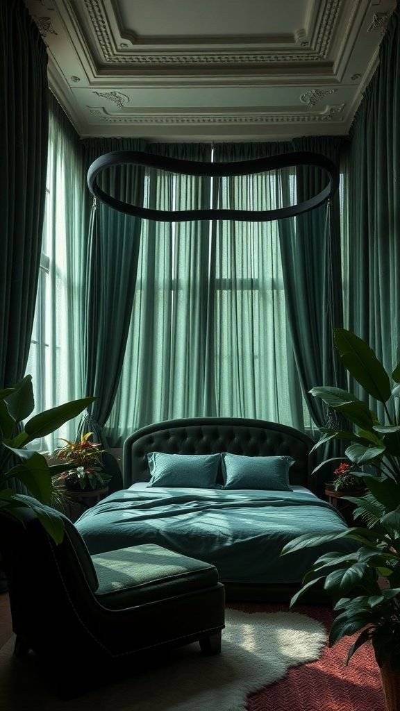 A beautifully decorated bedroom featuring Poison Ivy botanical drapes, a plush bed, and lush greenery.