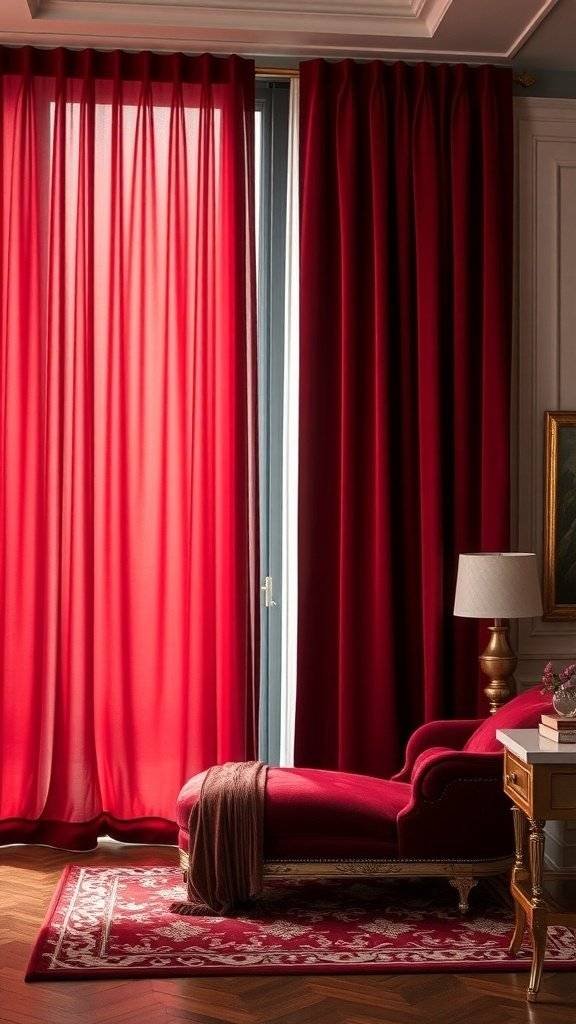 Luxurious red ombre drapes in a stylish bedroom setting