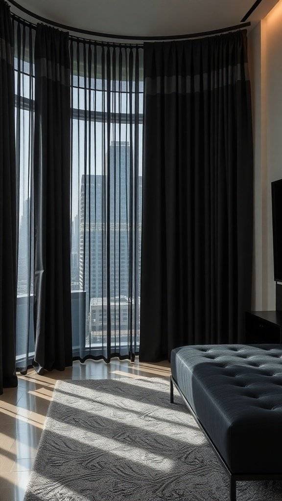 A stylish bedroom with dark minimalist curtains framing a city view.