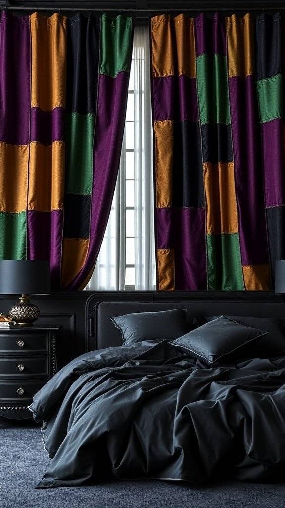 Joker-inspired patchwork drapes in a stylish bedroom with dark decor