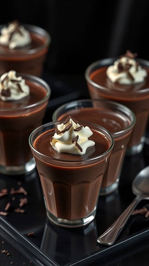 Dark chocolate pudding cups topped with whipped cream and chocolate shavings