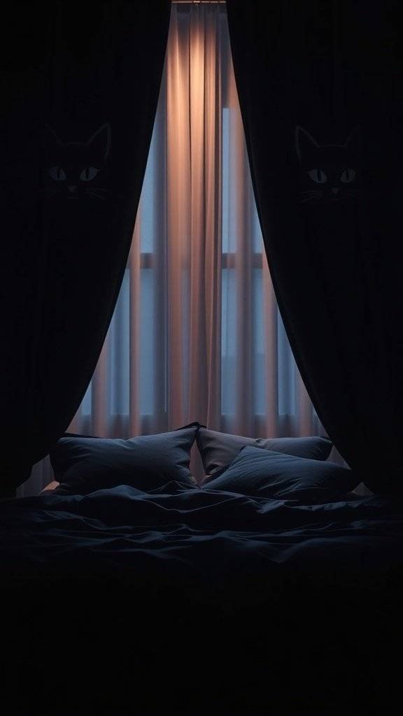 Dark velvet curtains with cat-eye design in a cozy bedroom setting