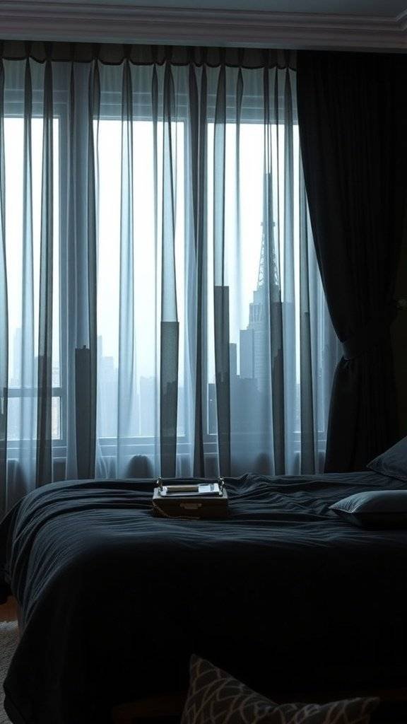 Sheer curtains with a view of a city skyline in a bedroom setting