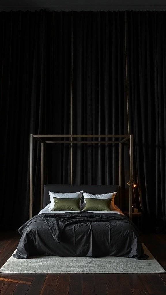 A stylish bedroom featuring noir velvet curtains with gold trim, a modern bed, and a lamp.