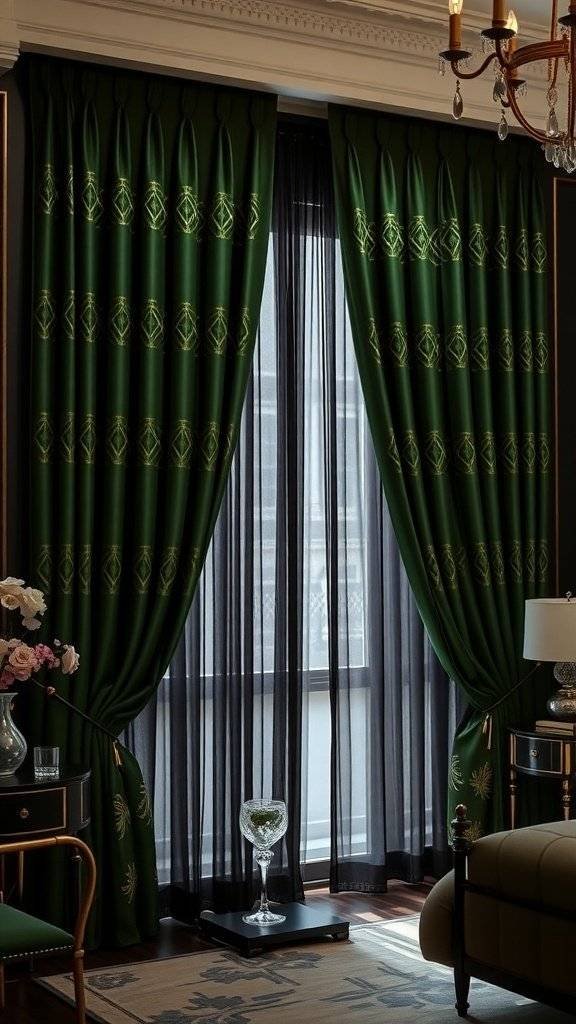 Dark green geometric drapes with sheer black underlayer in a stylish bedroom setting