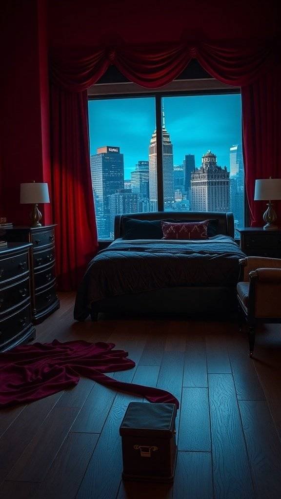 A bedroom with dramatic crimson floor drapes, showcasing a city view through large windows.