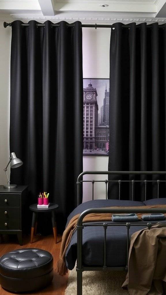 A stylish bedroom featuring dark industrial drapes, a bed with dark bedding, and a cozy atmosphere.