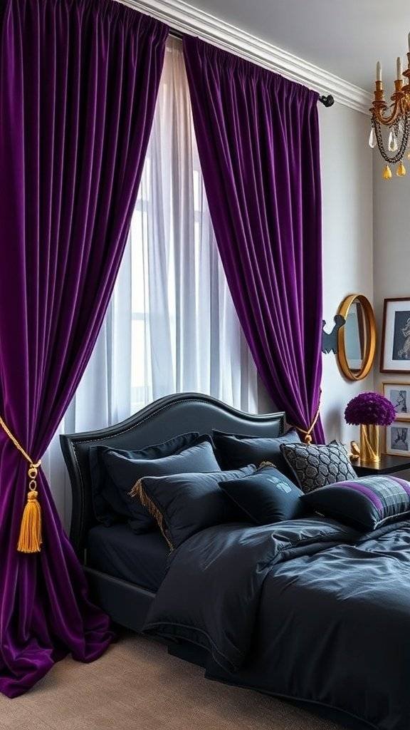 Luxurious purple velvet curtains with gold tassels in a stylish bedroom setting.