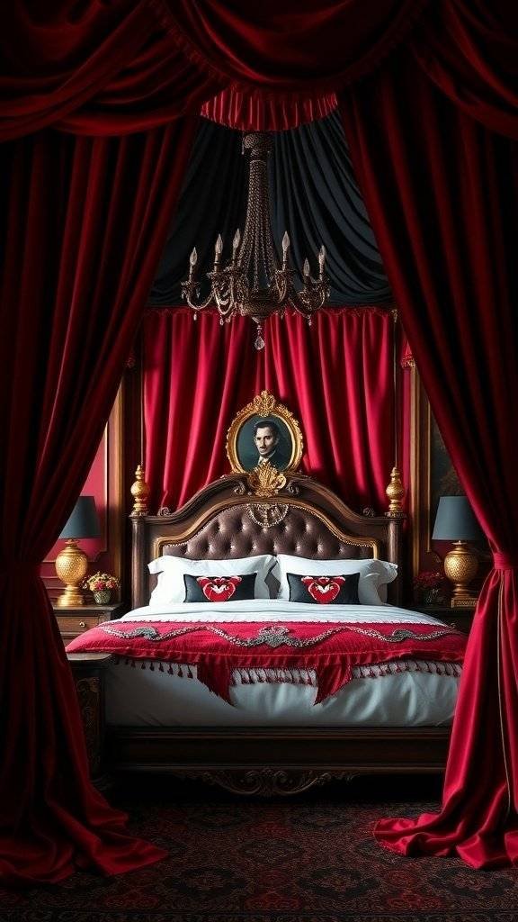 A bedroom with red and black curtains, featuring a luxurious bed and elegant decor.