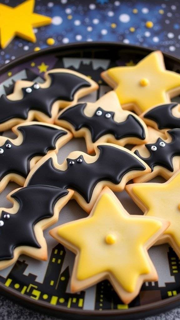 A plate of bat-shaped and star-shaped sugar cookies decorated in black and yellow icing, inspired by Gotham City.