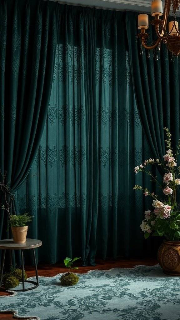 Dark green curtains with lace detailing in a stylish bedroom setting