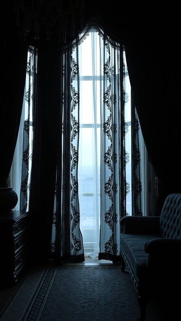 Dark gothic sheer curtain panels in a stylish bedroom setting