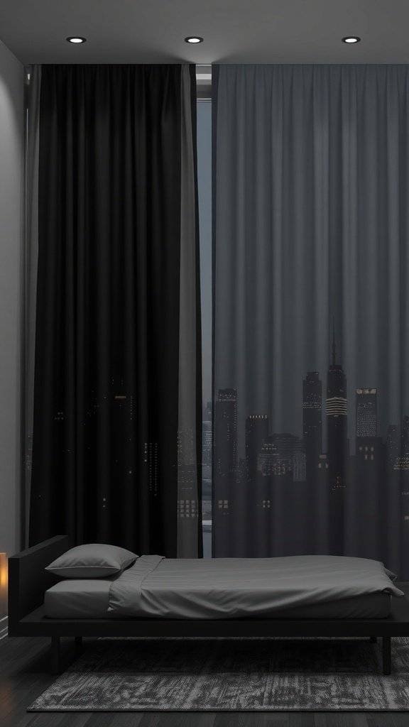 A stylish bedroom featuring Gotham Skyline Ombre Drapes in dark and light shades, with a modern bed and soft lighting.