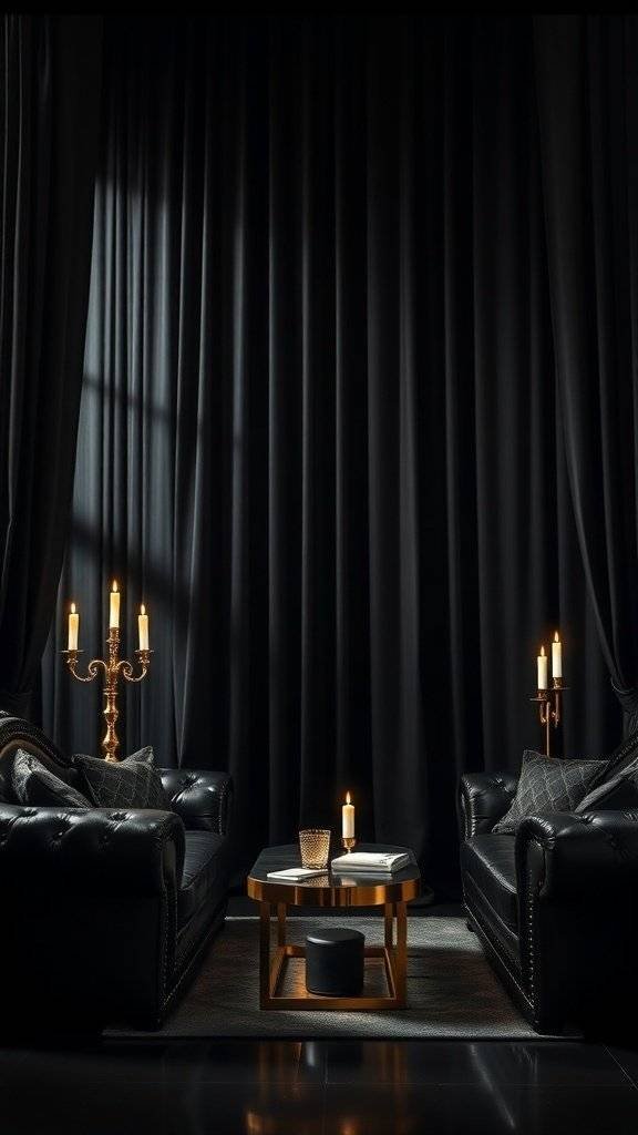 A stylish bedroom with black silk curtains, black sofas, and gold candle holders, creating a luxurious atmosphere.