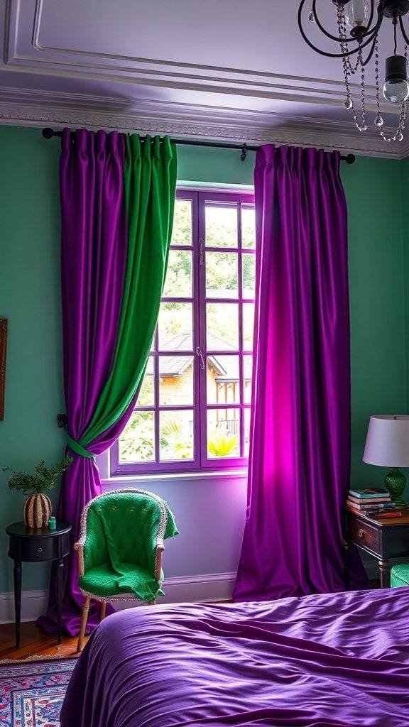 Bedroom with vibrant purple and green silk drapes, green walls, and stylish decor.