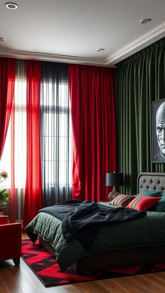 A stylish bedroom featuring Harley & Ivy mixed pattern drapes in red, black, and green.