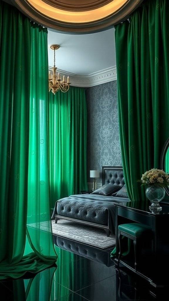 Bedroom with emerald green drapes, dark furniture, and elegant decor