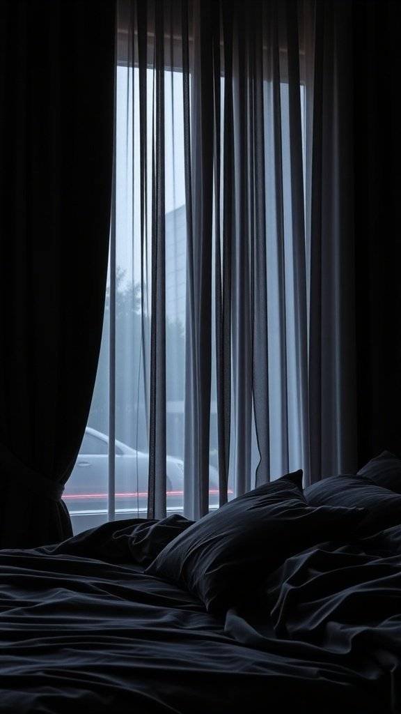 A cozy bedroom with layered dark curtains and a neatly made bed.