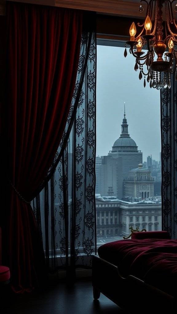 Luxurious red and black gothic curtains framing a window with an urban skyline view.
