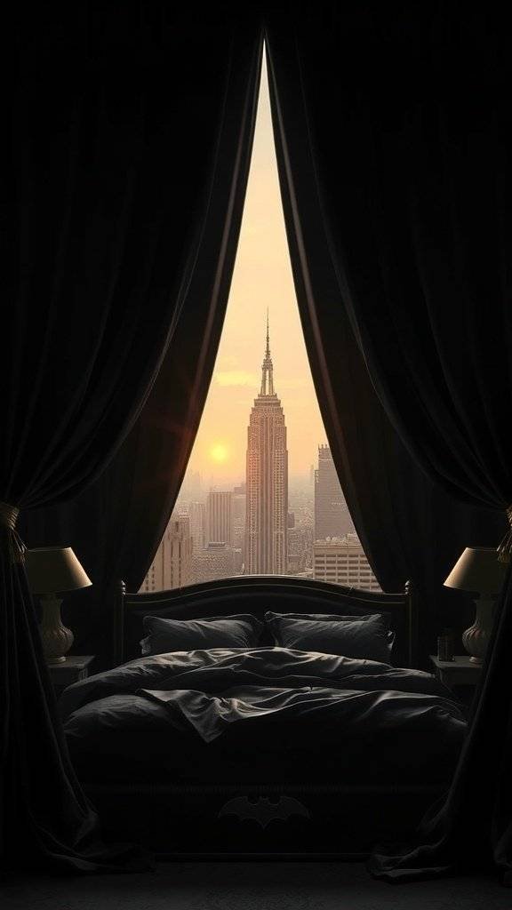 A bedroom with dark curtains framing a view of the Empire State Building at sunset.