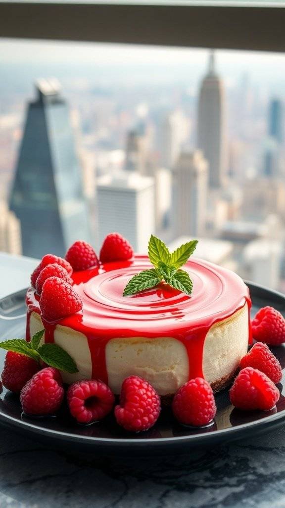 Gotham City Raspberry Cheesecake with fresh raspberries and mint garnish