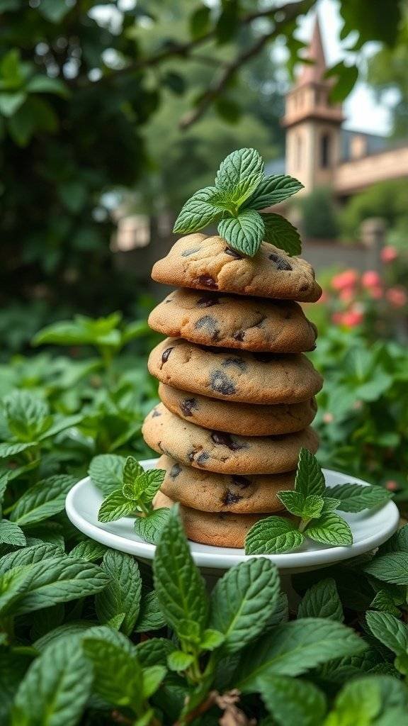 A stack of mint chocolate chip cookies with fresh mint leaves on top, surrounded by green foliage.