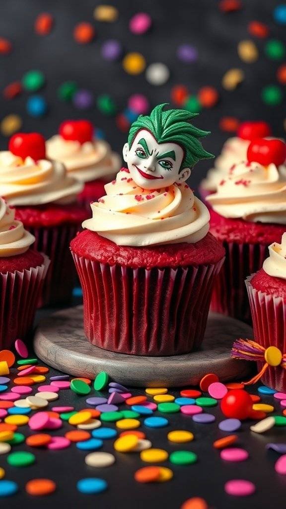 Red velvet cupcakes decorated with Joker-themed toppers and sprinkles, surrounded by colorful confetti.