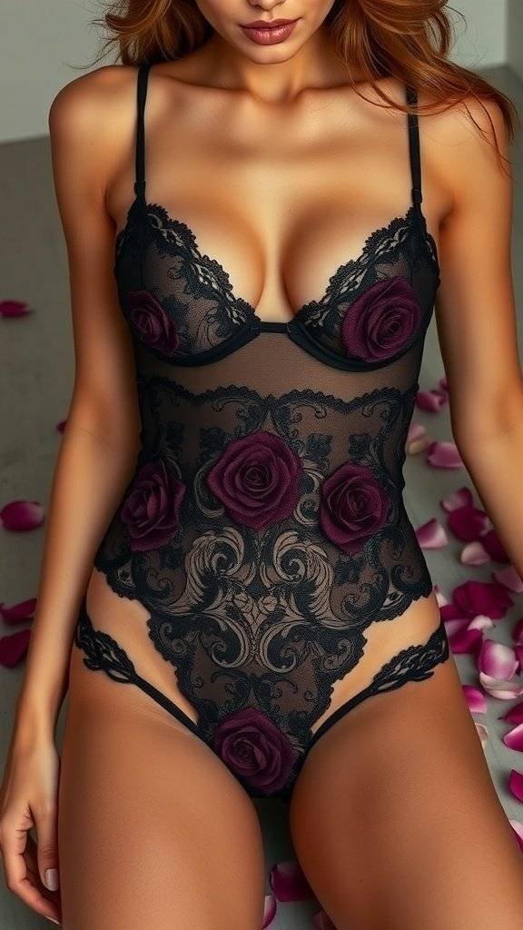 A model wearing a black lace bodysuit surrounded by rose petals, embodying dark romance.