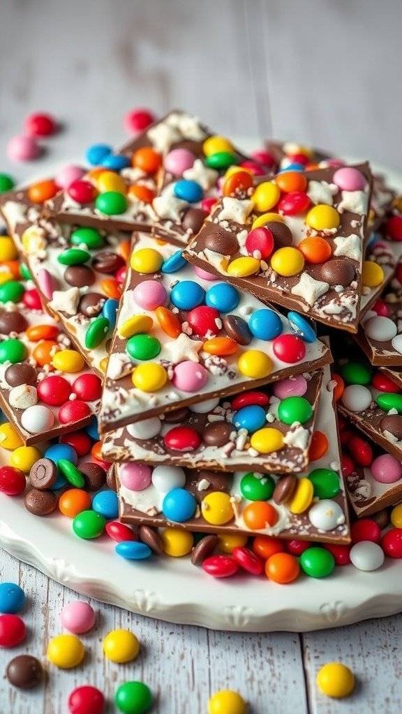 Colorful candy bark with chocolate and various candies
