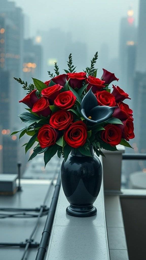 A vibrant bouquet of red roses and black calla lilies in a sleek black vase, set against a misty city skyline.