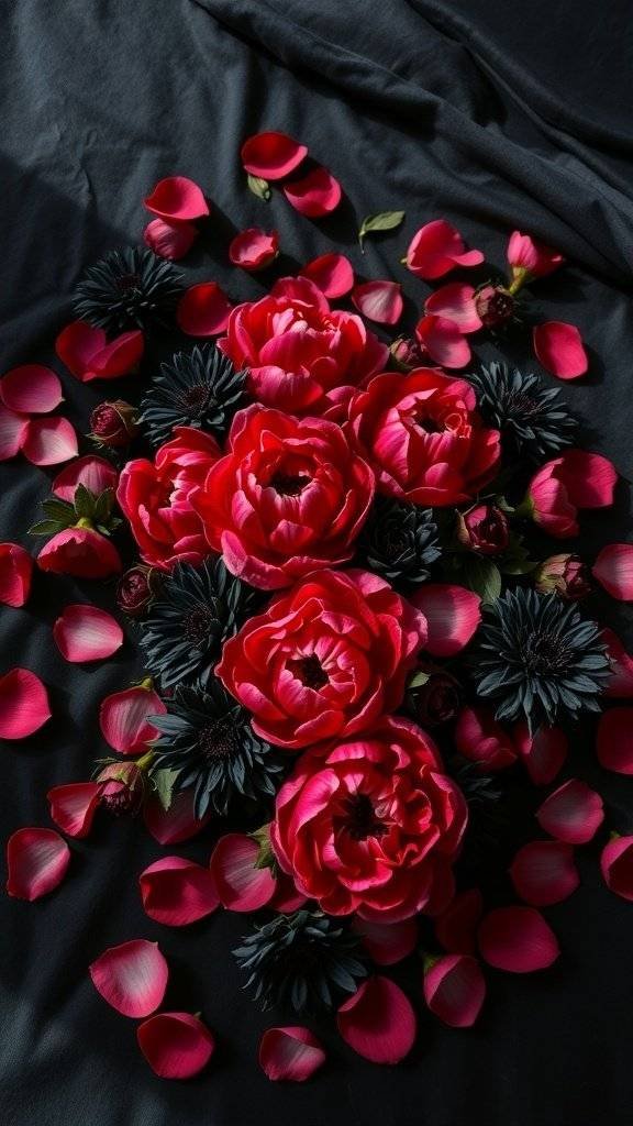 A vibrant arrangement of red and pink flowers on a black velvet surface, with scattered rose petals.