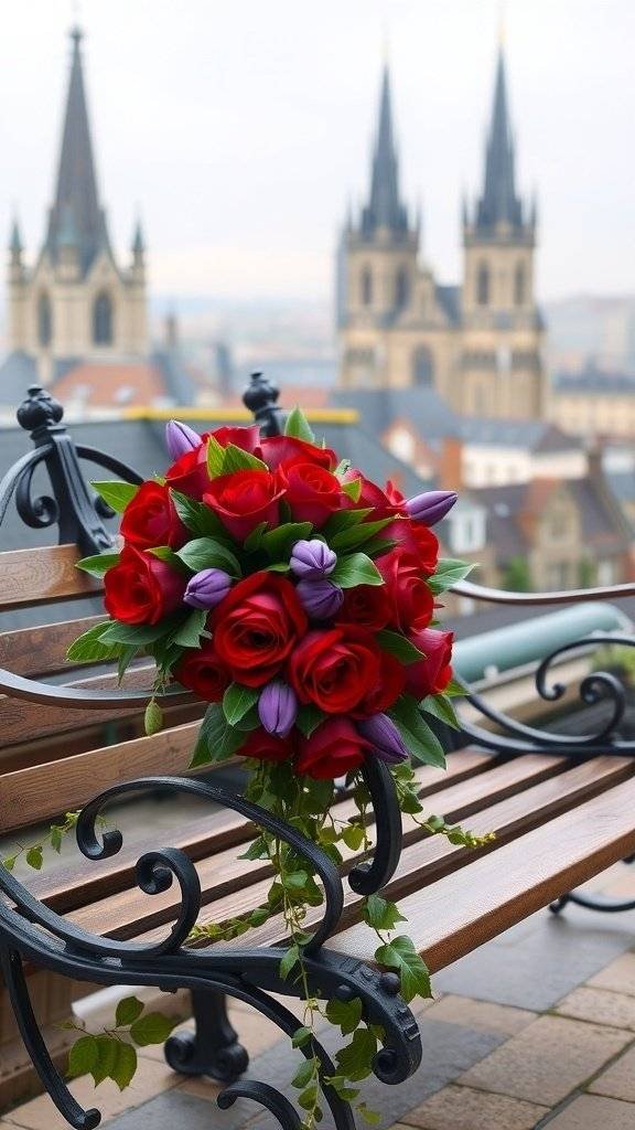 A bouquet of red roses and pink tulips on a gothic-style garden bench with a city skyline in the background.
