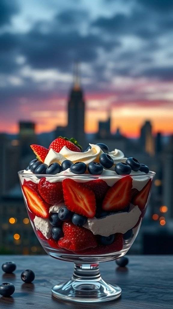 A colorful berry trifle with layers of strawberries, blueberries, and whipped cream, set against a city skyline.