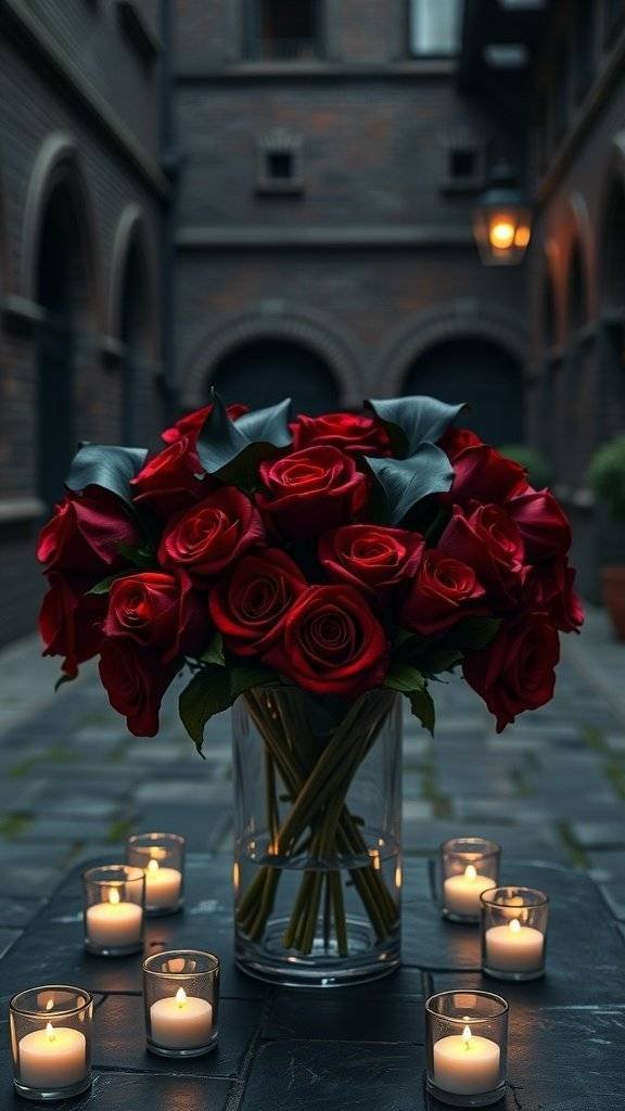 A candlelit table centerpiece featuring a bouquet of red roses in a glass vase, surrounded by small candles.